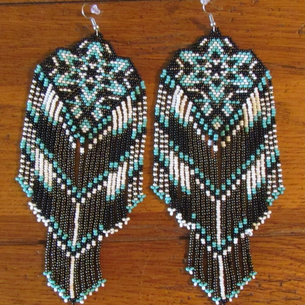 Gorgeous Etsy Artisan Aztec Large Handmade Czech Bead Beaded Earrings! 5.9" long